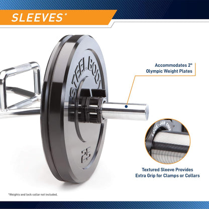 Marcy trap bar loaded with 2-inch Olympic weight plates showing compatibility and smooth rotation sleeves