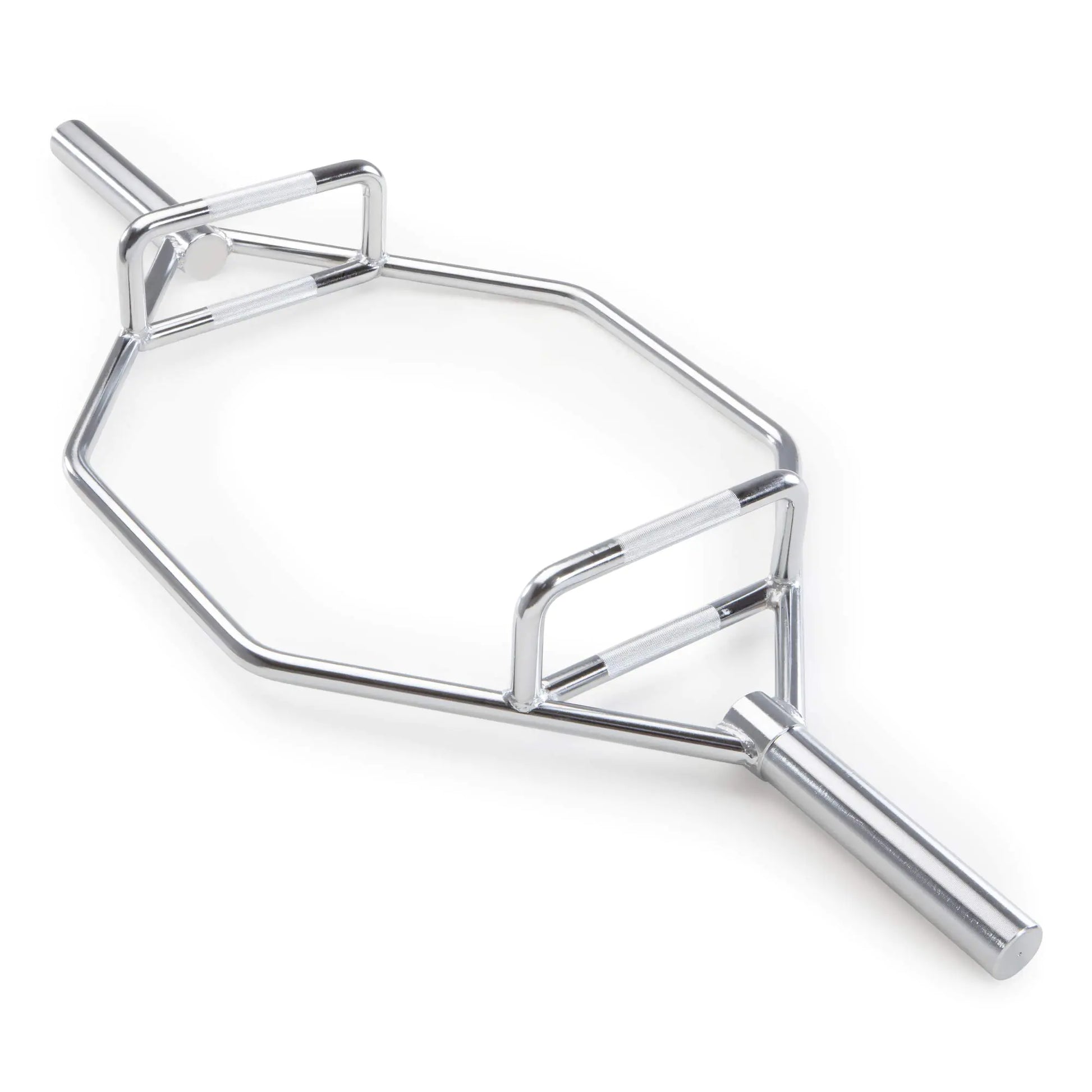 Full view of the Marcy 56-inch Olympic hex trap bar with chrome-plated finish for deadlifts and squats