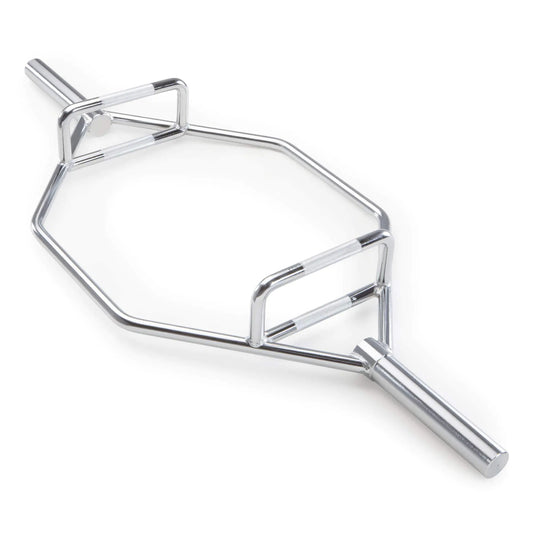 Full view of the Marcy 56-inch Olympic hex trap bar with chrome-plated finish for deadlifts and squats