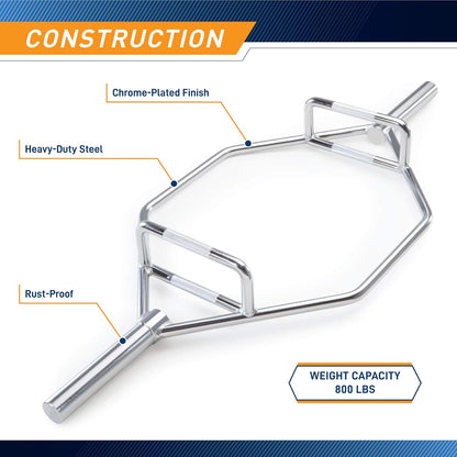 Dimension diagram of the 56-inch Marcy hex trap bar, showcasing width, handle spacing, and sleeve length