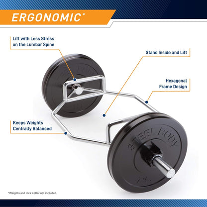 Ergonomic design of the Marcy Olympic hex bar featuring centered load distribution to reduce lower back strain during deadlifts and squats