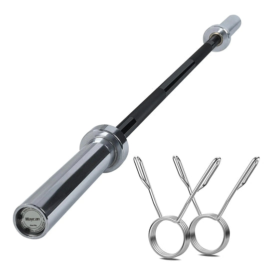 MAYCAN 5FT Olympic Barbell – Full view with chrome finish and 2-inch sleeves