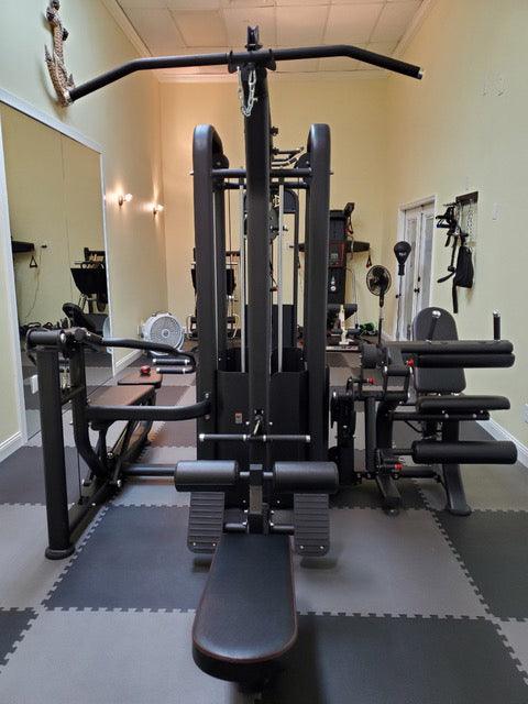 Dual adjustable hi/lo pulley station with crossover beam and pull-up bars