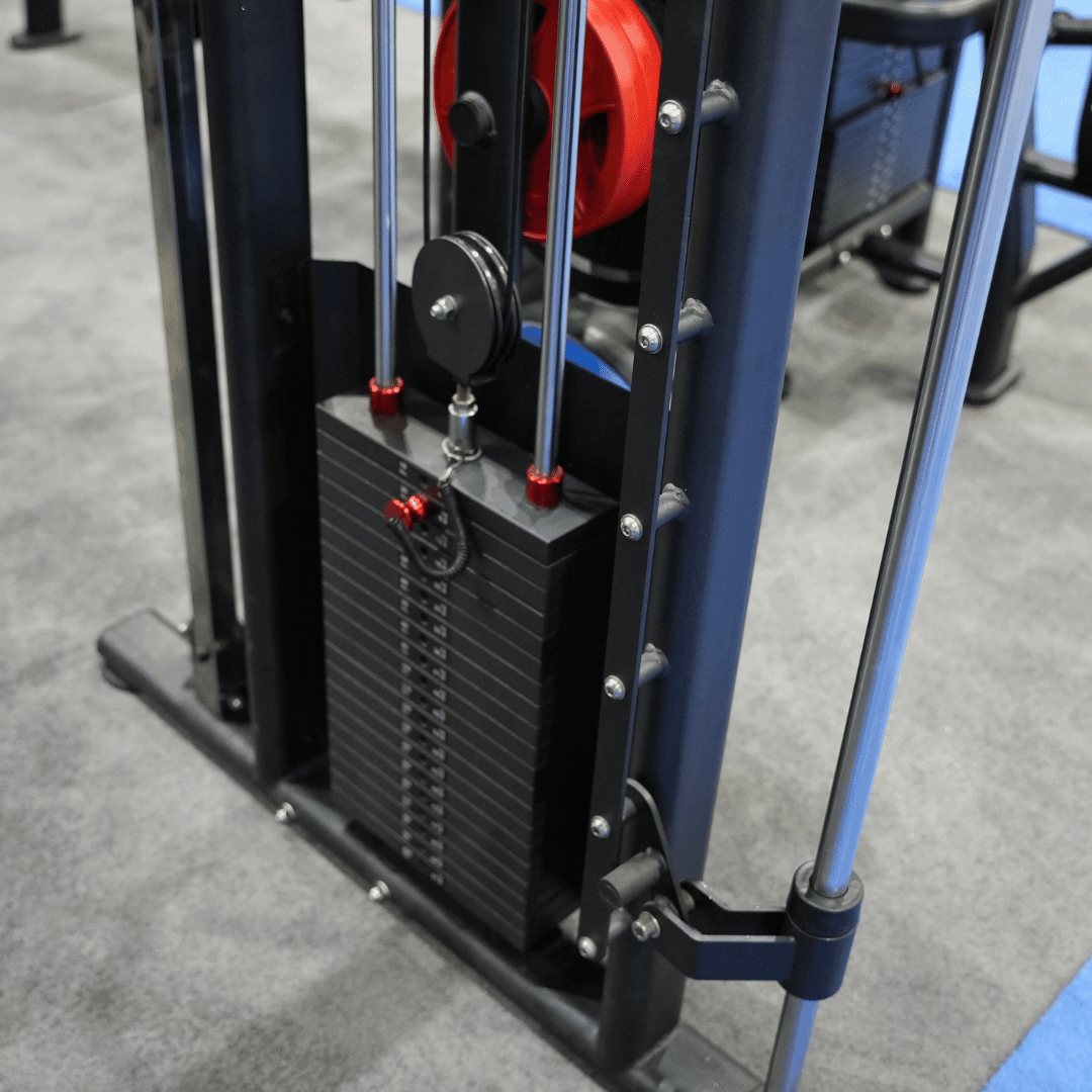 Close-up of weight stack on the Muscle D Fitness DAP/Smith Machine Combo