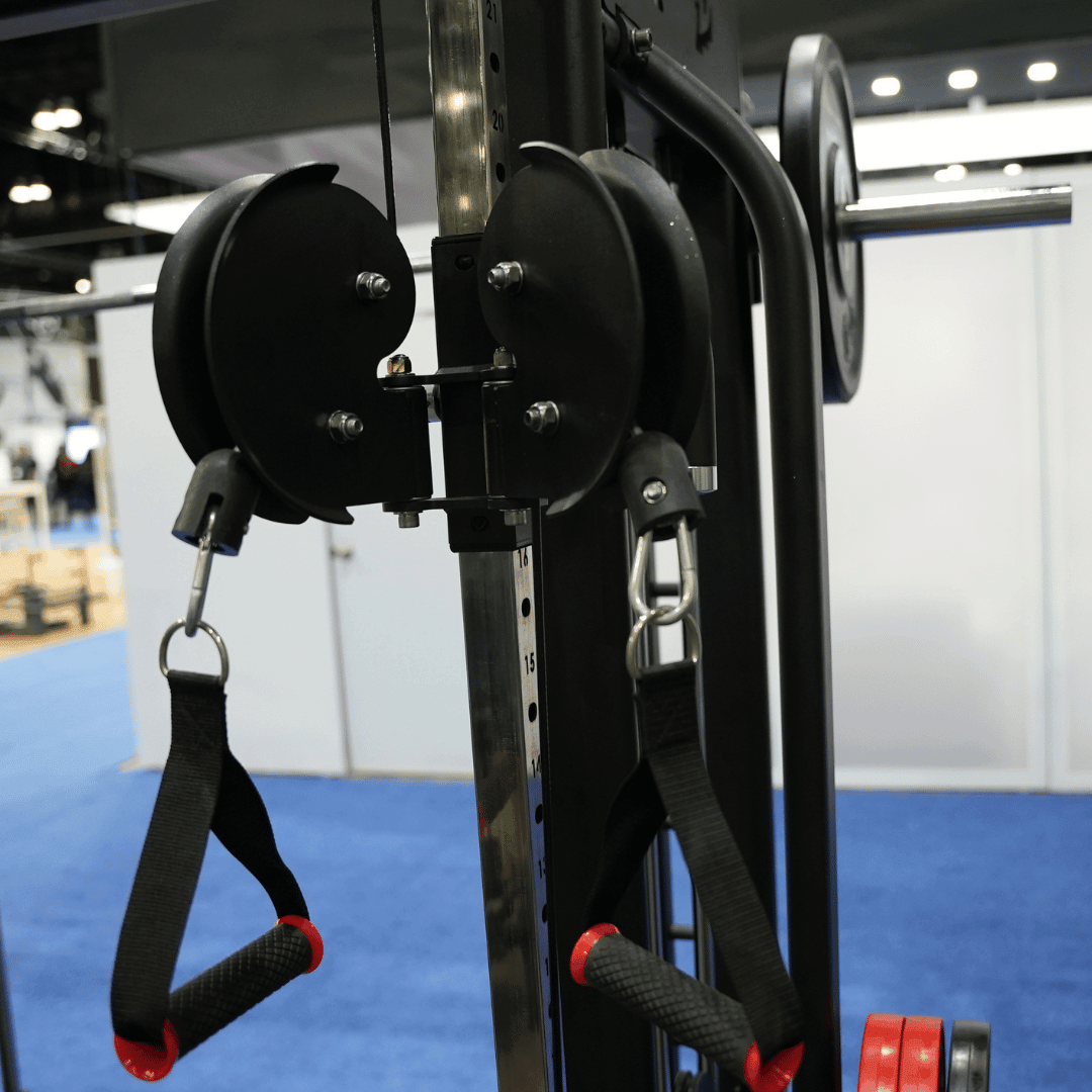Adjustable pulleys with pull-pin mechanism on Muscle D DAP/Smith combo