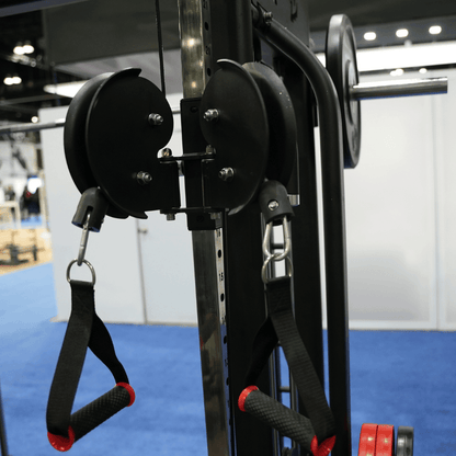 Adjustable pulleys with pull-pin mechanism on Muscle D DAP/Smith combo