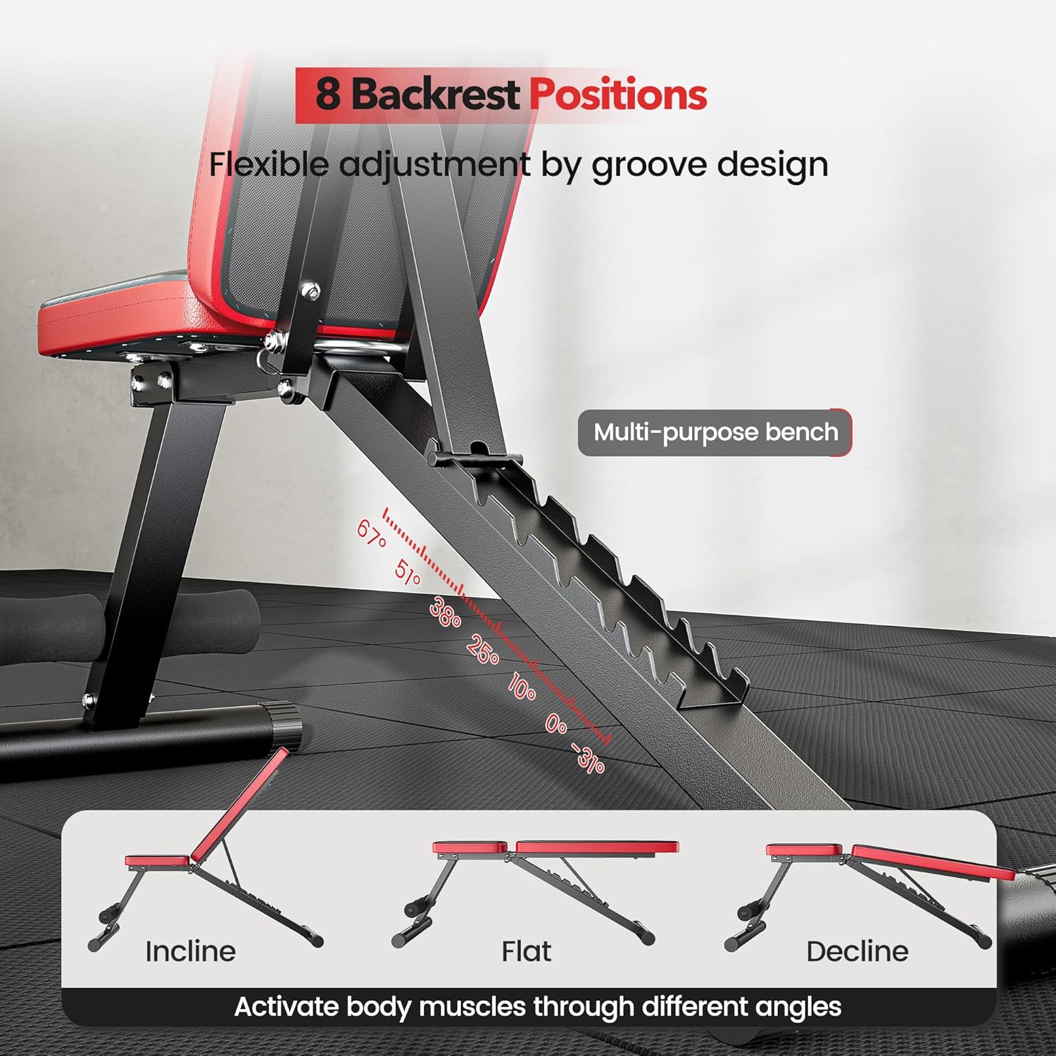 Close-up of adjustable positions for flat, incline, or decline workouts.