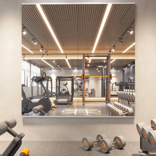 Pertetey 2-pack frameless full body gym mirrors, 48x24 inches, mounted on wall in a modern fitness room