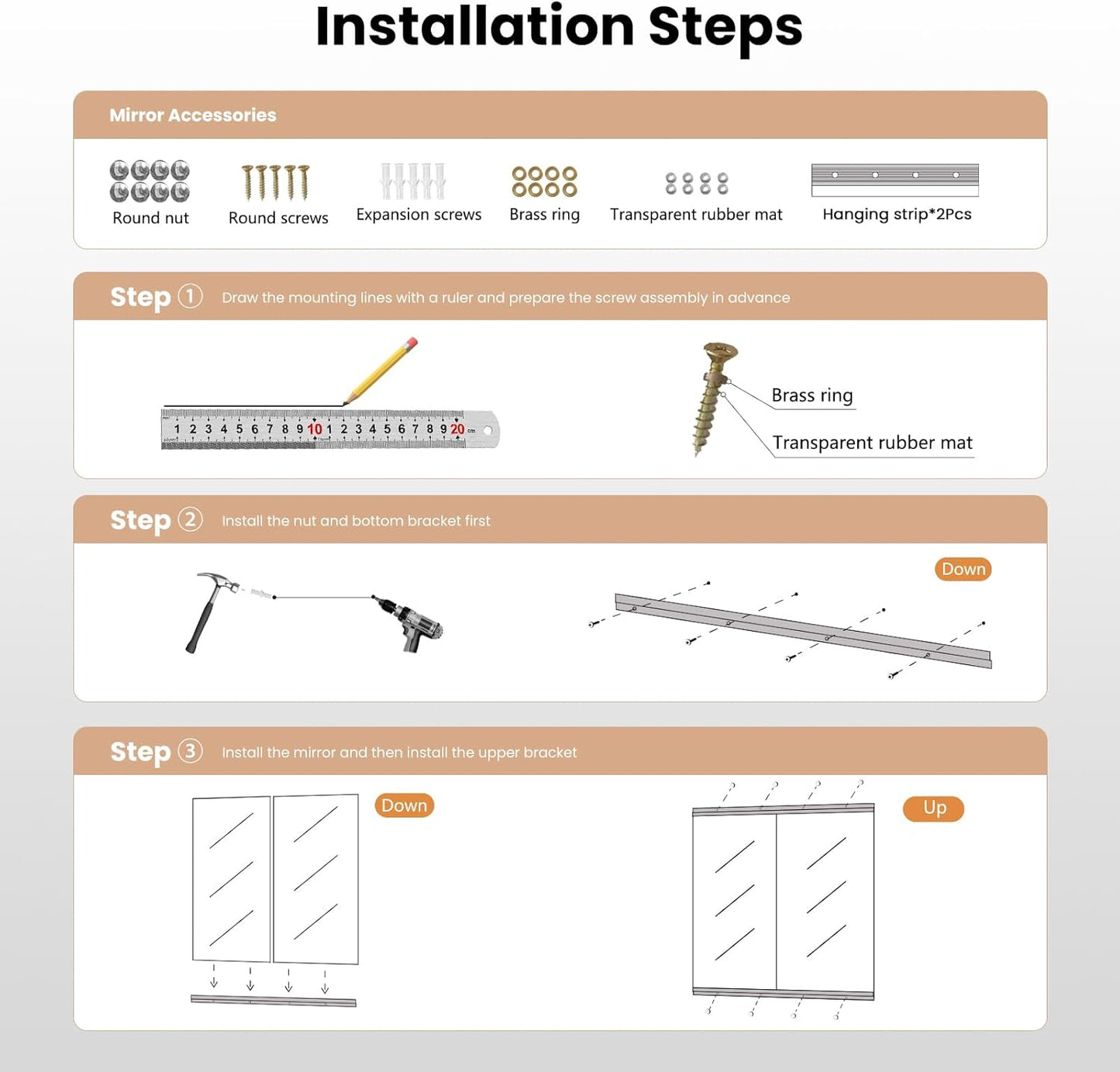 Installation kit for Pertetey wall-mounted mirrors with screws, brackets, and easy-mount instructions