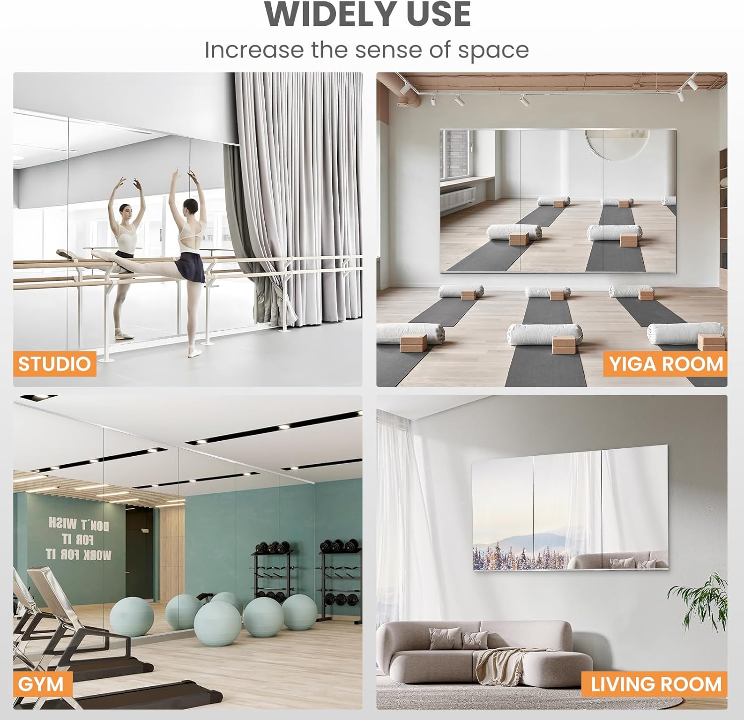 Multi-room image showing Pertetey mirror used in gym, studio, bedroom, and hallway settings