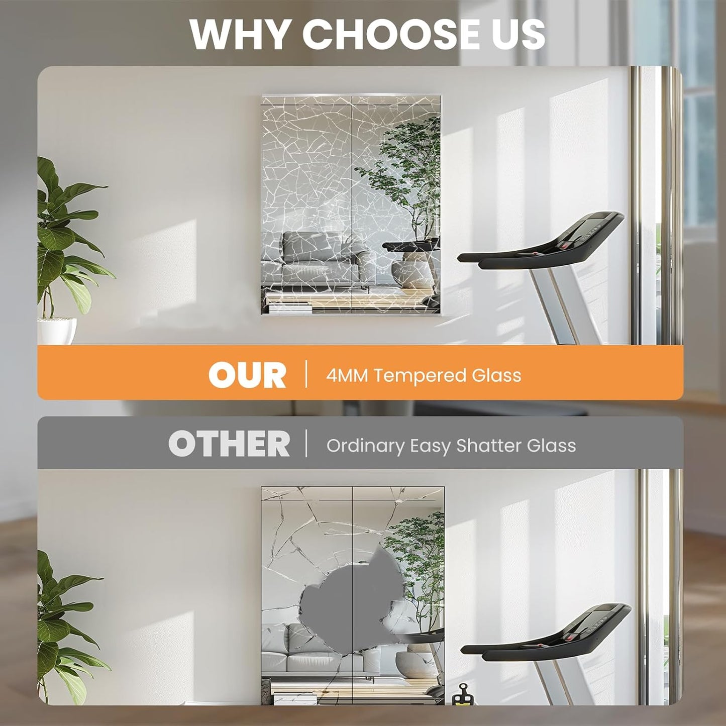 Safety feature showcase of Pertetey mirror made with durable shatterproof tempered glass