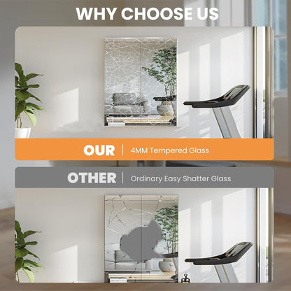 Safety feature showcase of Pertetey mirror made with durable shatterproof tempered glass