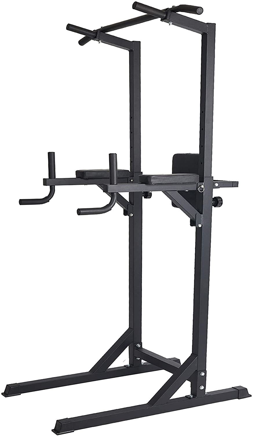 Power tower workout station with pull-up bar, dip handles, and back cushion