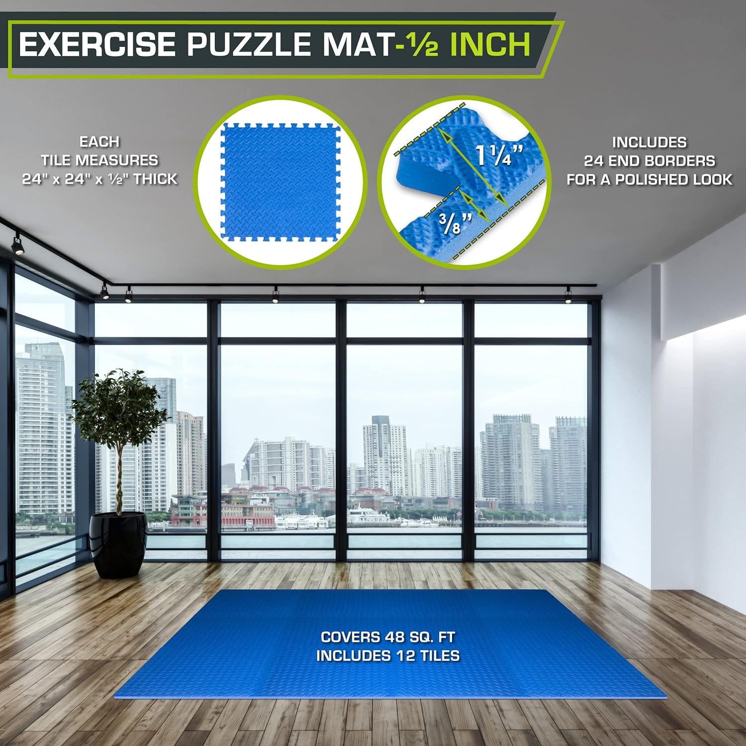 Side profile of ProsourceFit puzzle mat highlighting textured surface and ½-inch thickness for cushion and grip