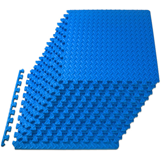 ProsourceFit blue ½-inch puzzle exercise mat with 12 interlocking EVA foam tiles covering 48 square feet