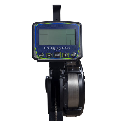 Close-up of performance monitor console on R300 indoor rower with workout tracking