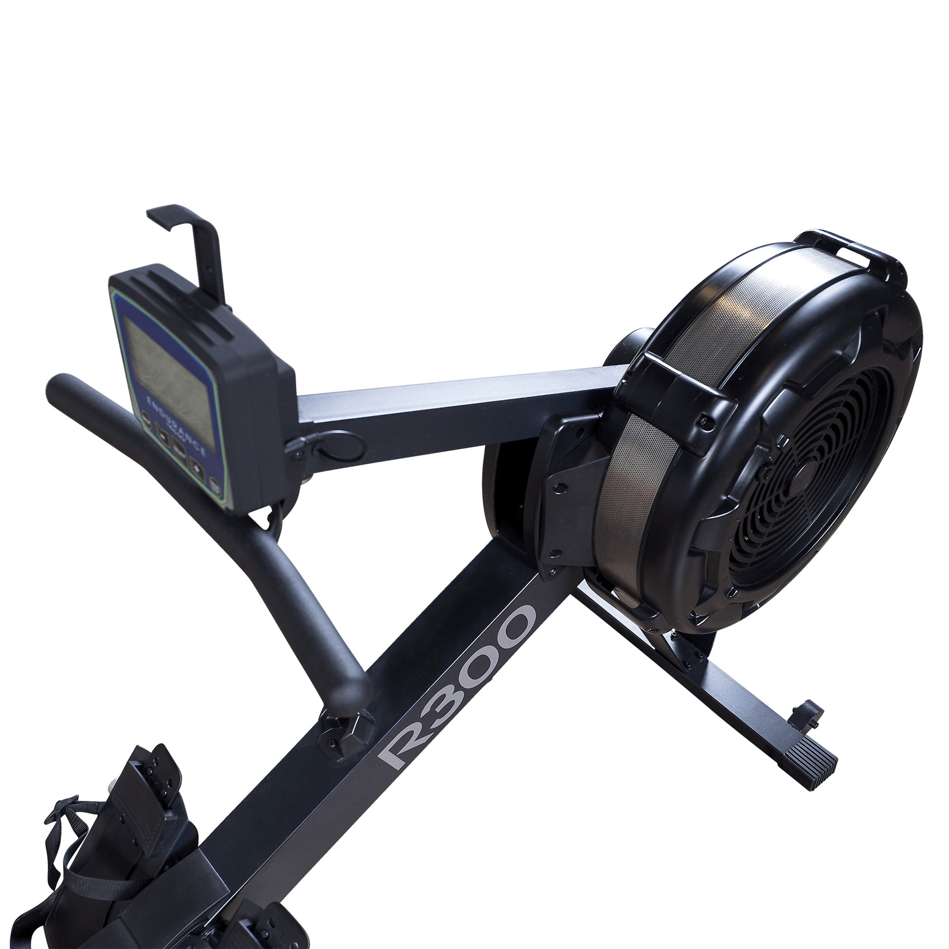 Detailed view of handlebar and magnetic flywheel on R300 rowing machine