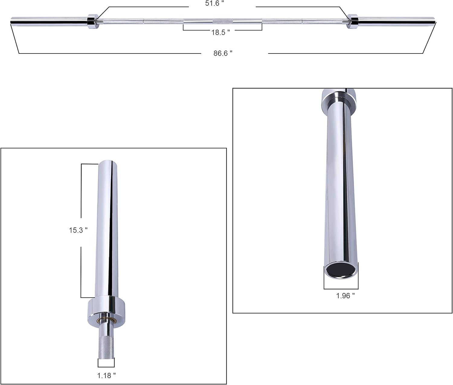 Dimension diagram of Signature Fitness 7 foot barbell including shaft length and sleeve length