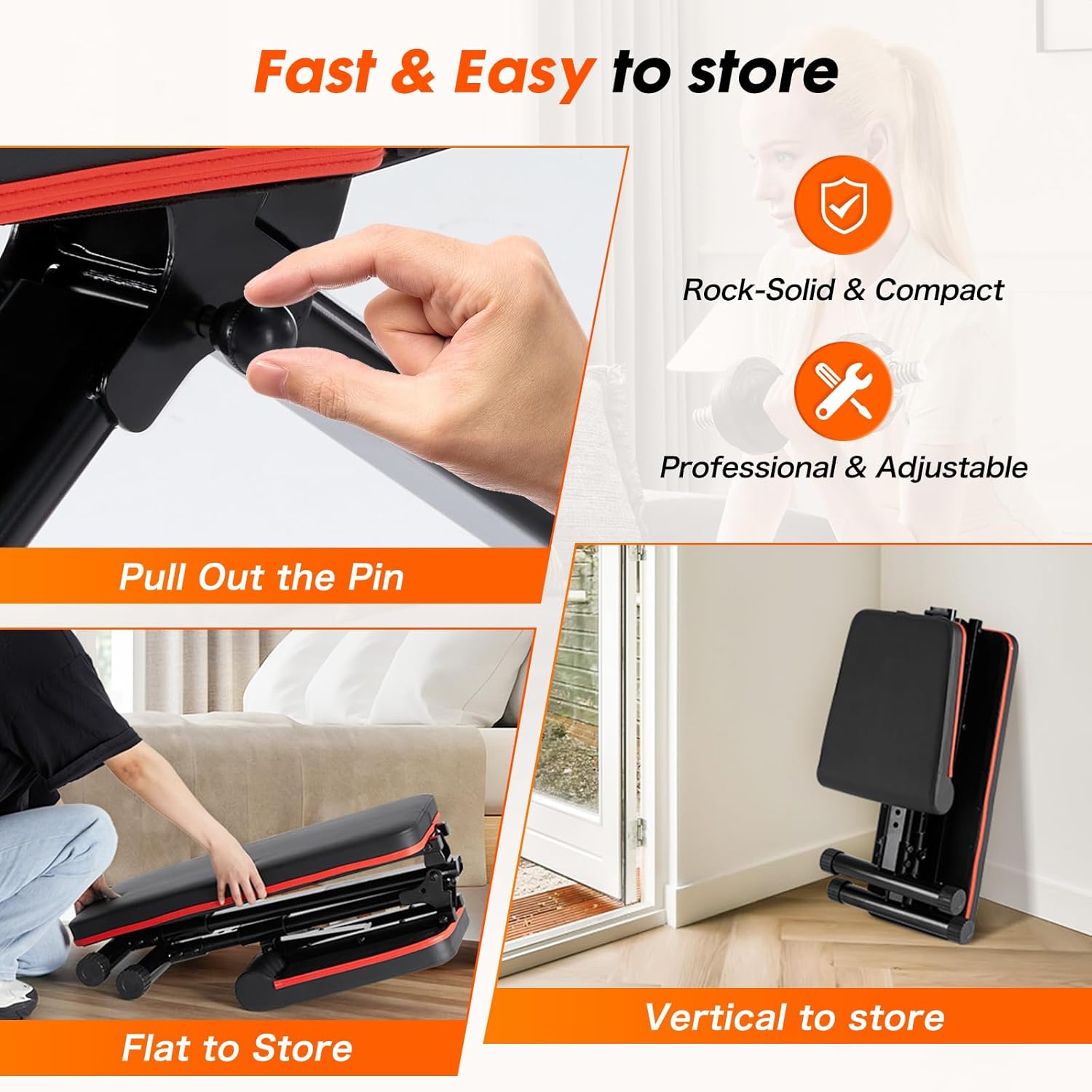 Foldable Sweetcrispy bench for easy space saving storage.