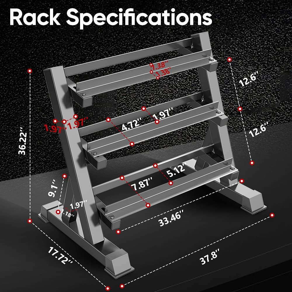 Dimensions for THERUN 1100lbs Adjustable 3-Tier Dumbbell Rack Stand