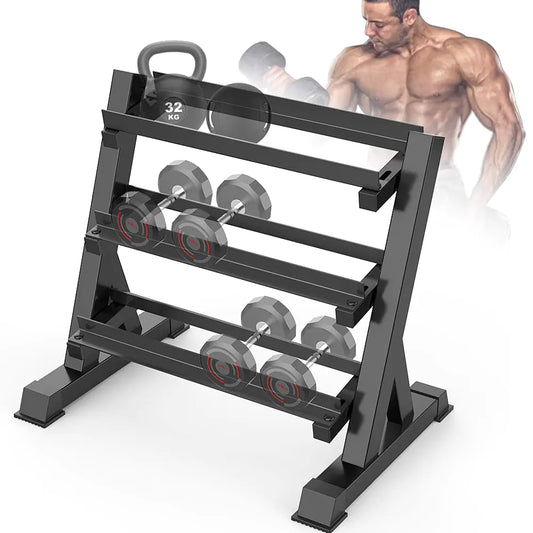 Front view of THERUN 1100lbs Adjustable 3-Tier Dumbbell Rack Stand