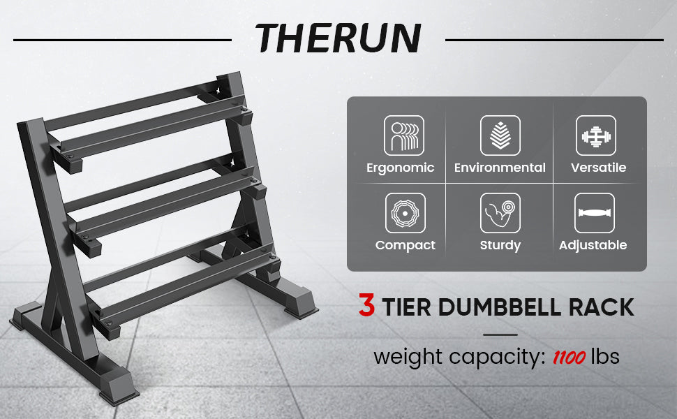 THERUN 1100lbs weight capacity Adjustable 3-Tier Dumbbell Rack Stand