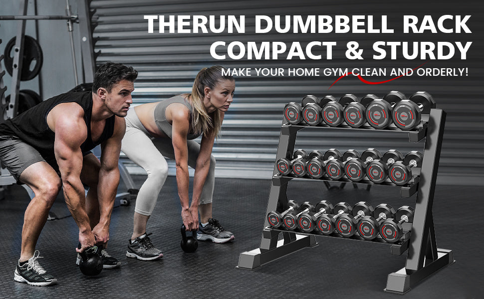 THERUN 3-Tier Dumbbell Rack Stand compact and sturdy design is perfect for set up in a home gym environment