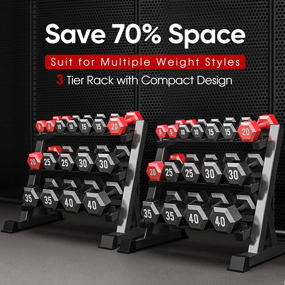 THERUN 3-Tier Dumbbell Rack Stand set up in a home gym environment