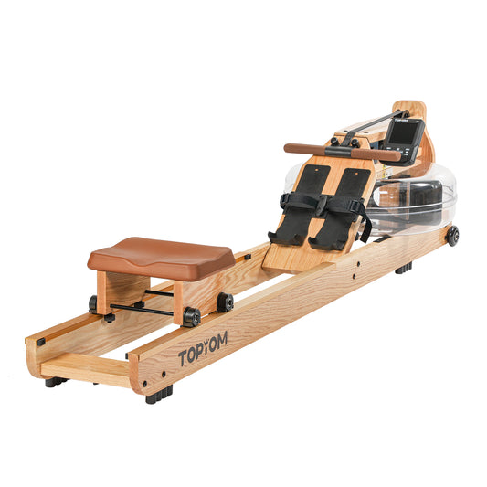 Topiom natural oak wood water rowing machine – full assembled view