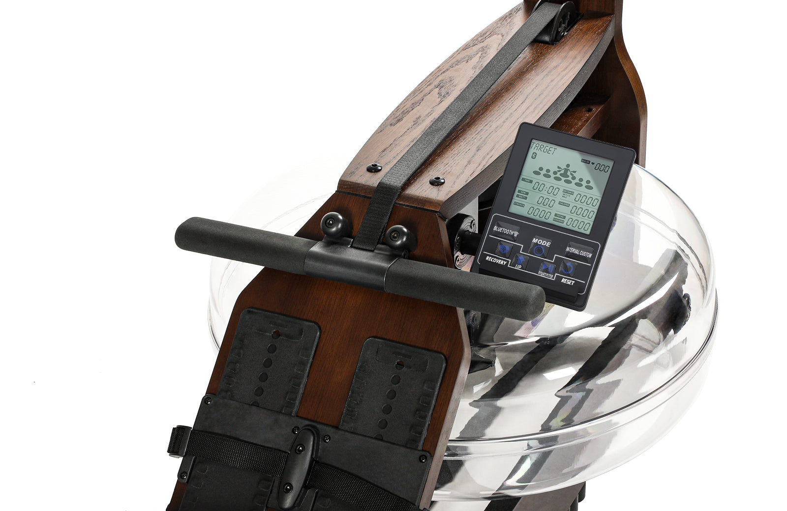 TM3 monitor display showing 500m split time and workout metrics for the Topiom Walnut wooden water rowing machine.