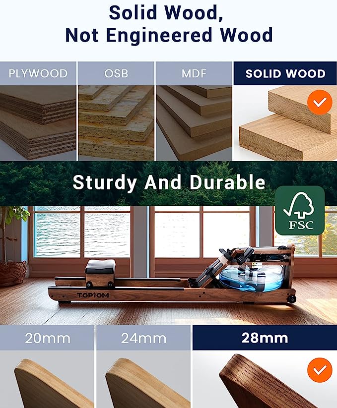 Real Waubeech solid wood detail on walnut Topiom water rower