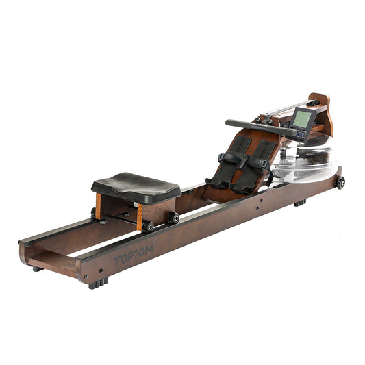 Topiom brown dark wooden water rowing machine – full assembled view