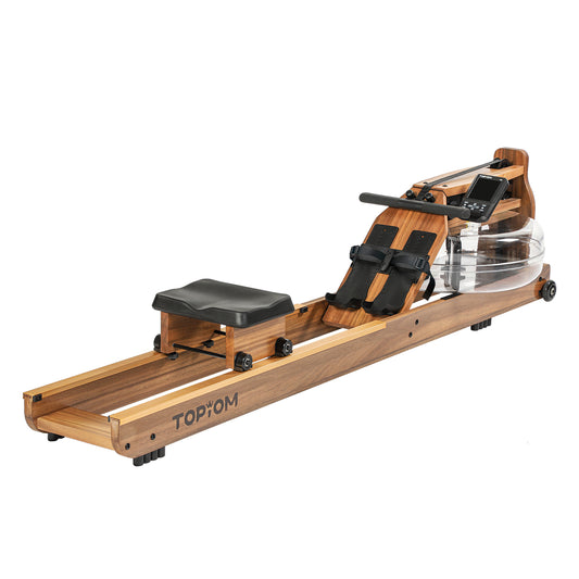 Topiom Golden Walnut wooden water rowing machine – full assembled view