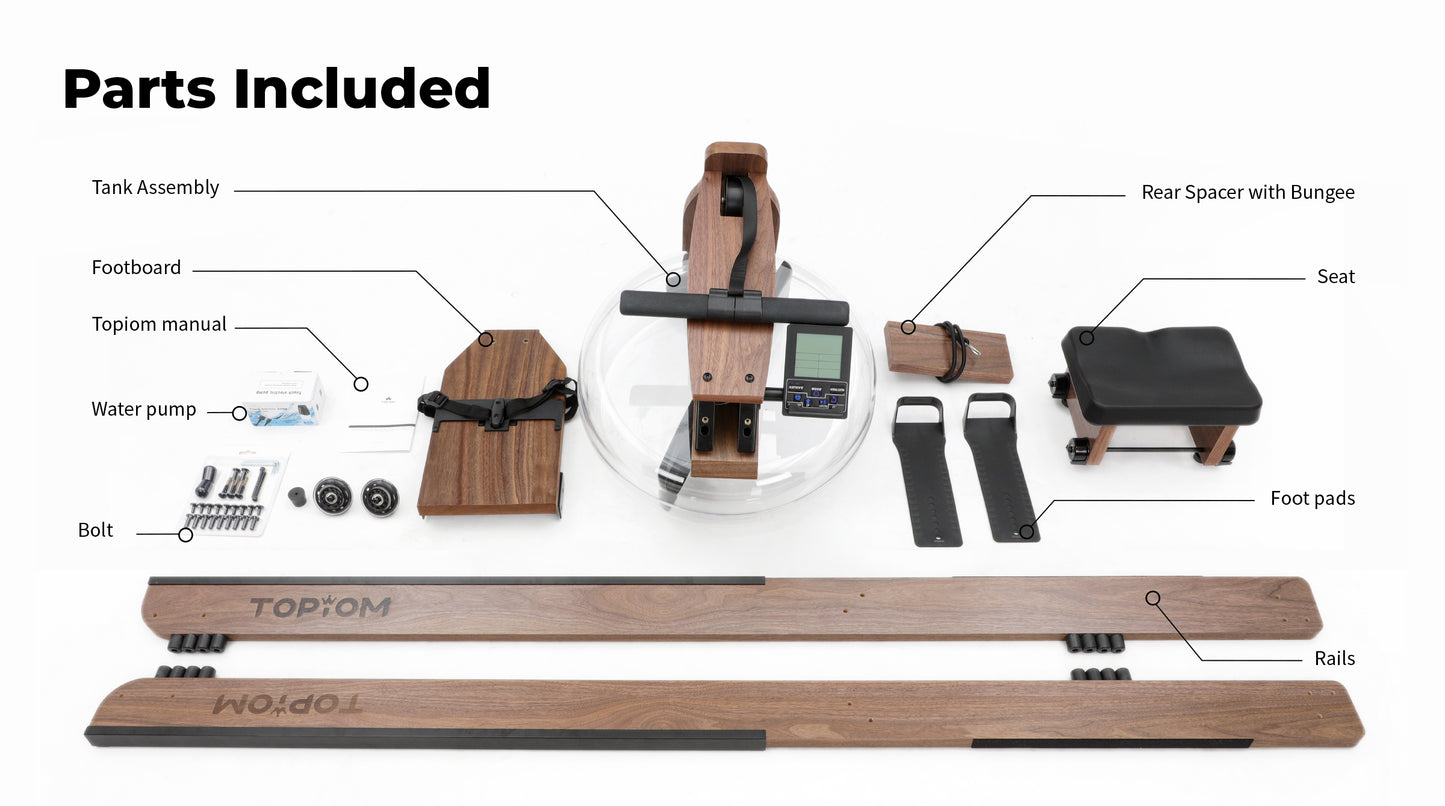 Topiom wooden water rowing machine (walnut) detailed view of parts included