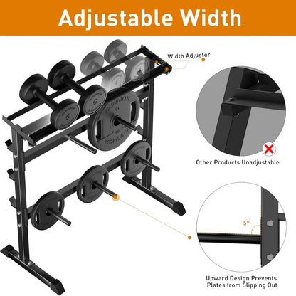 UBOWAY Compact Dumbbell & Barbell Rack with adjustable width.