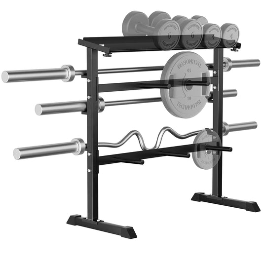 Main view of UBOWAY Compact Dumbbell & Barbell Rack showcasing storage tiers.