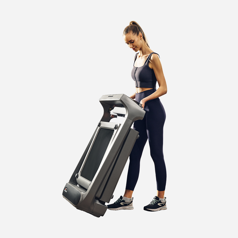 WalkingPad X218 shown in folding motion for space-saving vertical storage