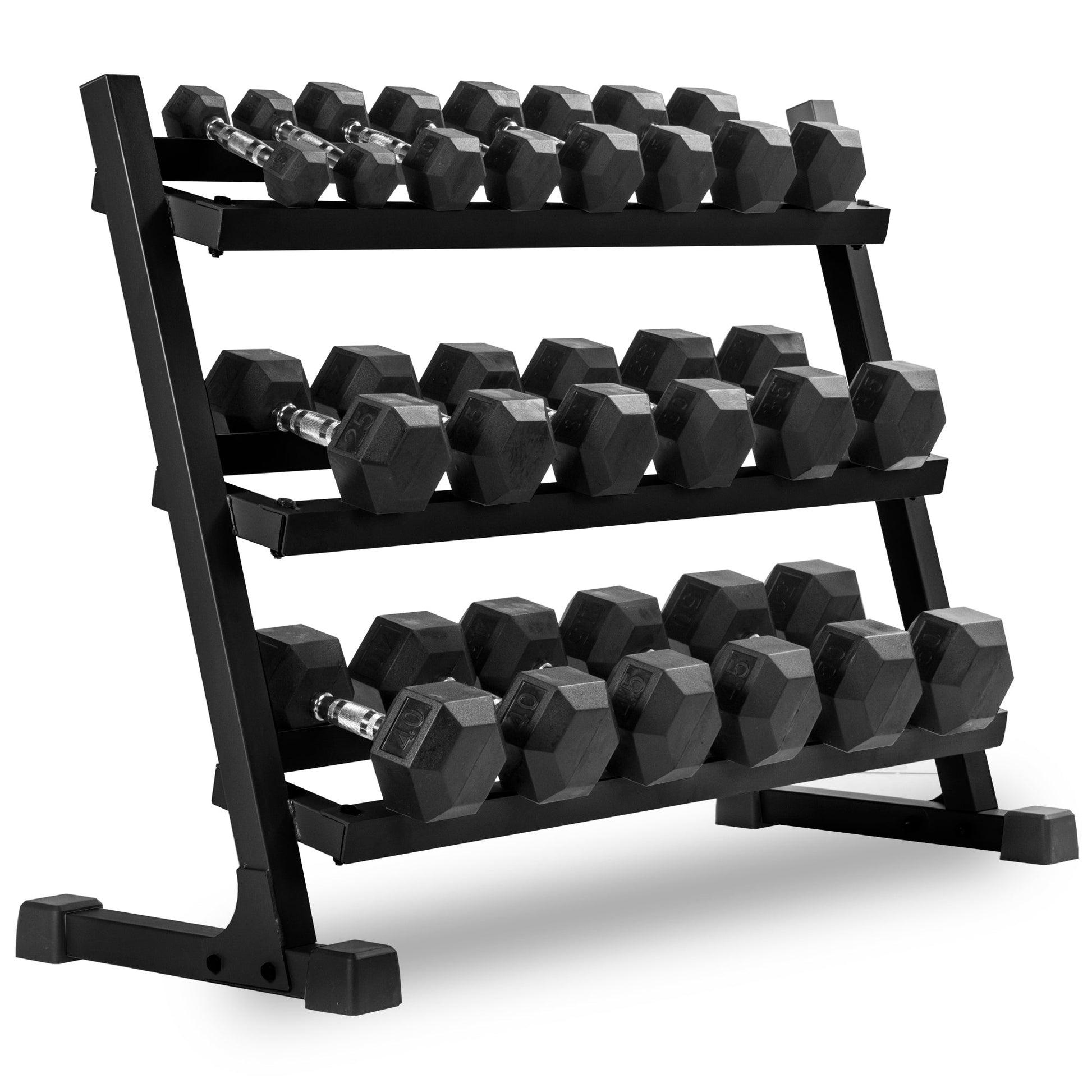 Front view of XMark 550 lb rubber hex dumbbell set with 3-tier rack