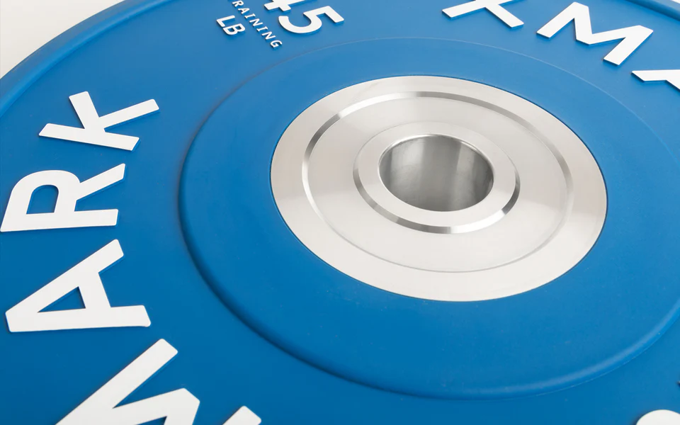 Close-up of chrome-plated steel insert on bumper plate