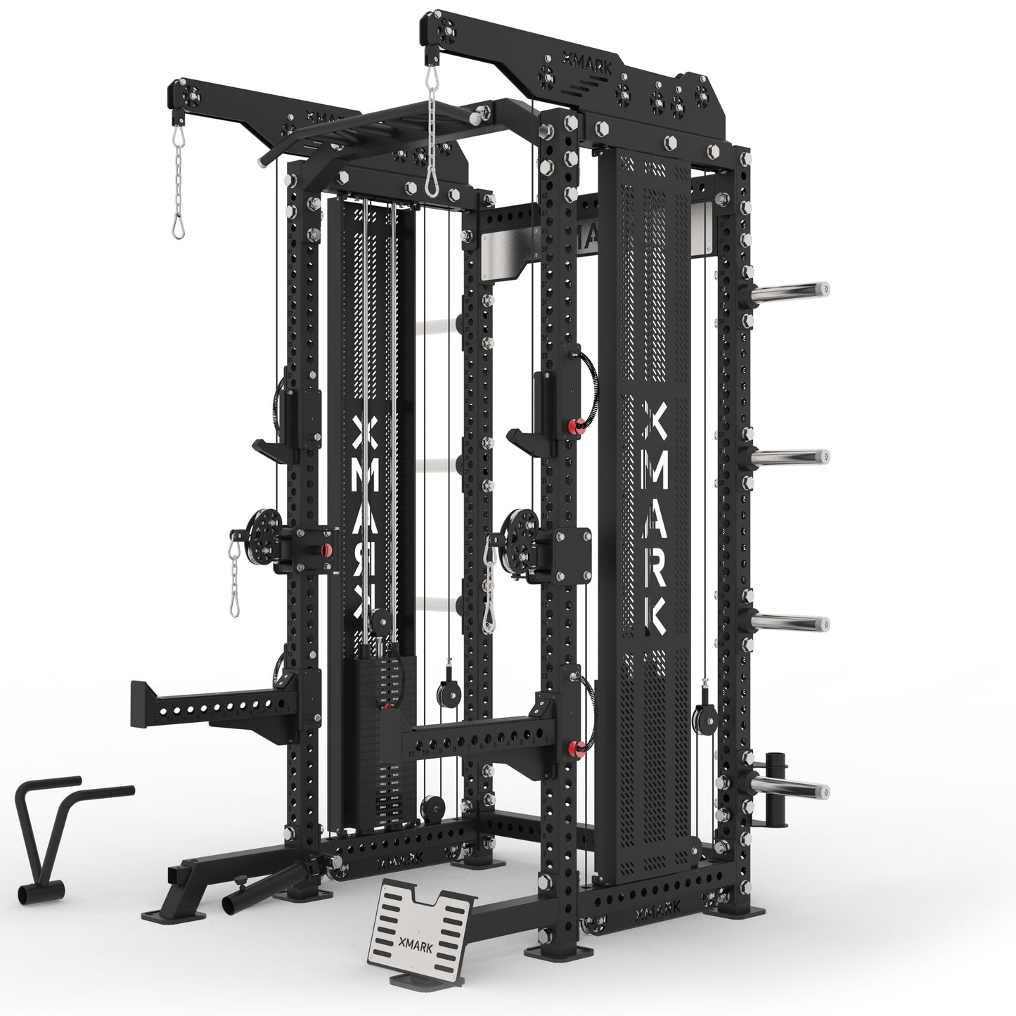 Front view of XMark Commercial Hybrid Half Rack Functional Trainer with dual 220 lb weight stacks