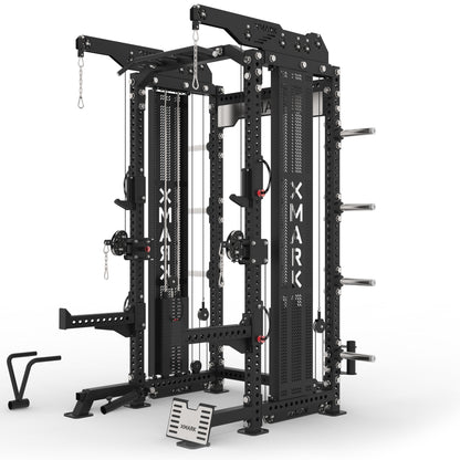 Front view of XMark Commercial Hybrid Half Rack Functional Trainer with dual 220 lb weight stacks