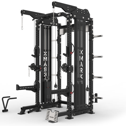 Front view of XMark Commercial Hybrid Half Rack Functional Trainer with dual 220 lb weight stacks
