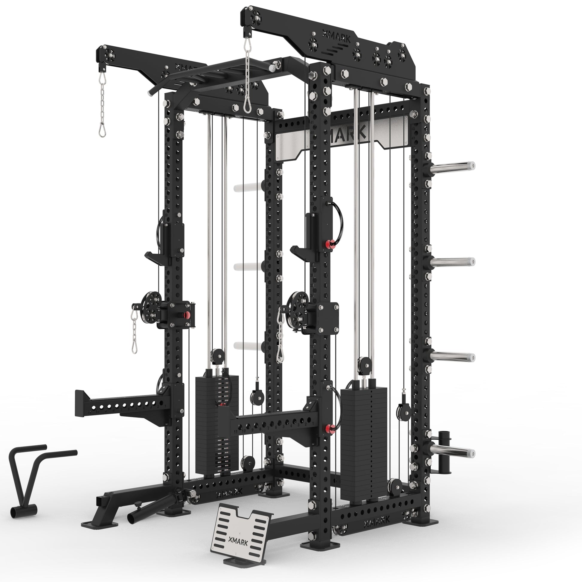 Front view of XMark Commercial Hybrid Half Rack Functional Trainer with dual 220 lb weight stacks