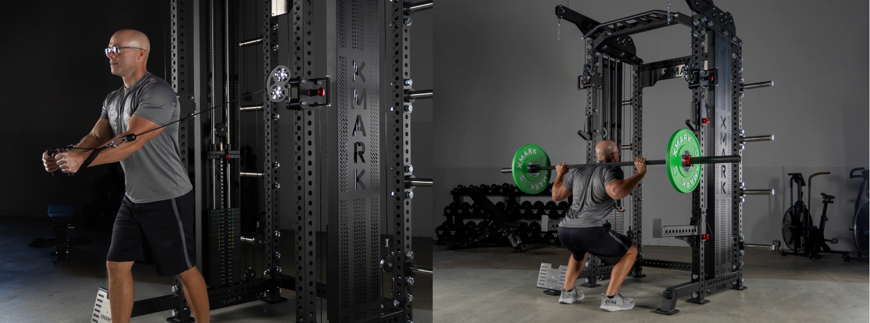 Demonstration of cable crossover exercise and squat using XMark Commercial Hybrid Half Rack Functional Trainer