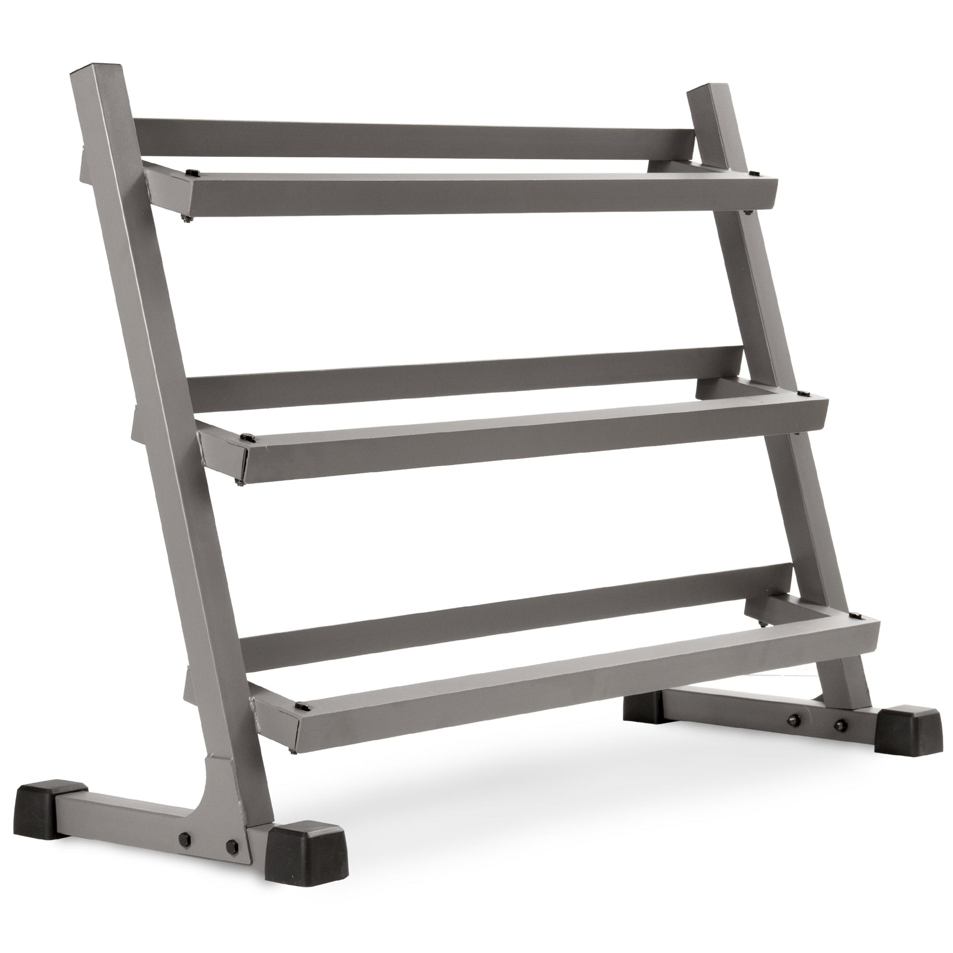 Angled shelves of 3-tier dumbbell rack with full weight set