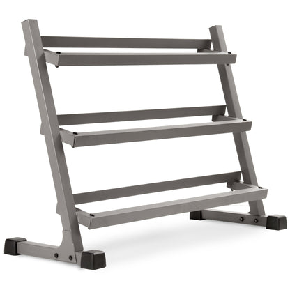 Angled shelves of 3-tier dumbbell rack with full weight set