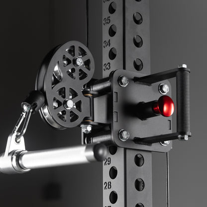Side profile showing adjustable cable pulley arms on XMark functional trainer