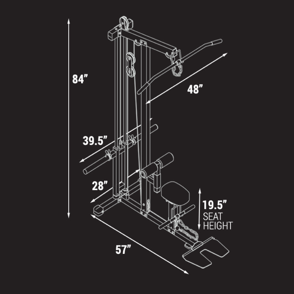 Dimensions for the XMark Lat Pull‑Down Machine with Low‑Row station