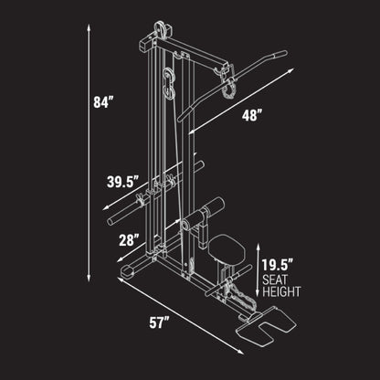 Dimensions for the XMark Lat Pull‑Down Machine with Low‑Row station