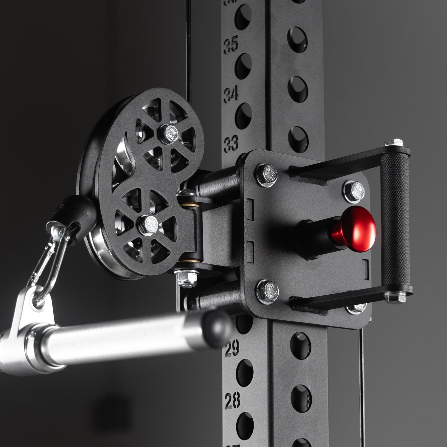 High and low pulley system close-up on XMark power rack
